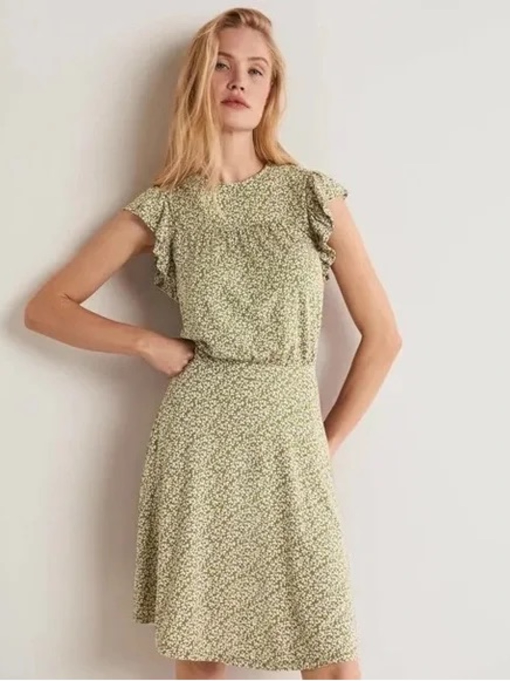 Floral Ruffle Sleeve Floral Vine A-Line Dress in Light Green